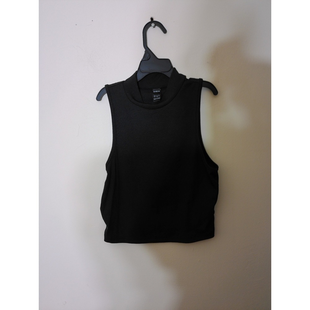 SHEIN Mock Neck Tank Top Women Size M Black Ribbed Knit Cropped Minimalist Top